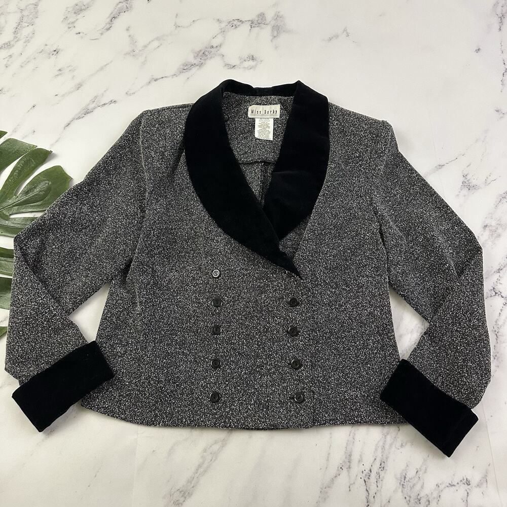 Miss Dorby Womens Vintage 90s Blazer Jacket Size 14 Gray Black Velvet Trim
